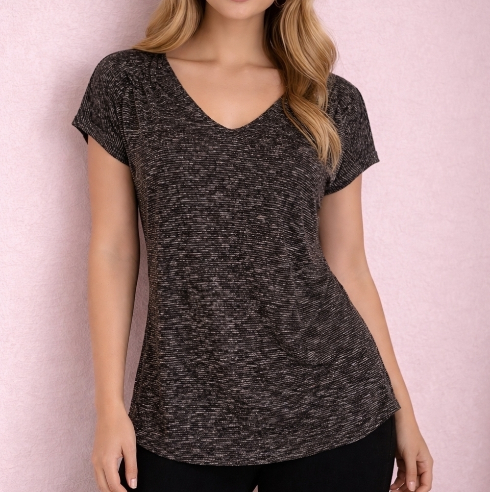 JUICY COUTURE Comfy Black Marled V-Neck Ruched Short Sleeve Top